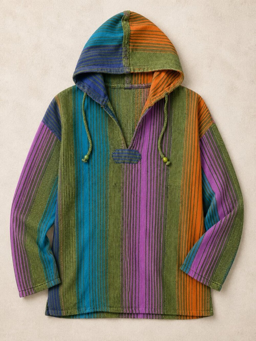 Vintage Gypsy Imported NYC Free Size Baja Hoodie Pullover 100% Cotton Colorblock